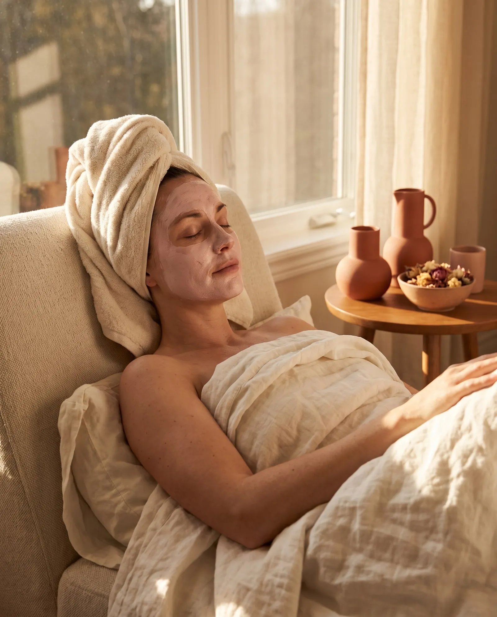 Woman relaxing with a clay mask during a custom facial in Denison, TX