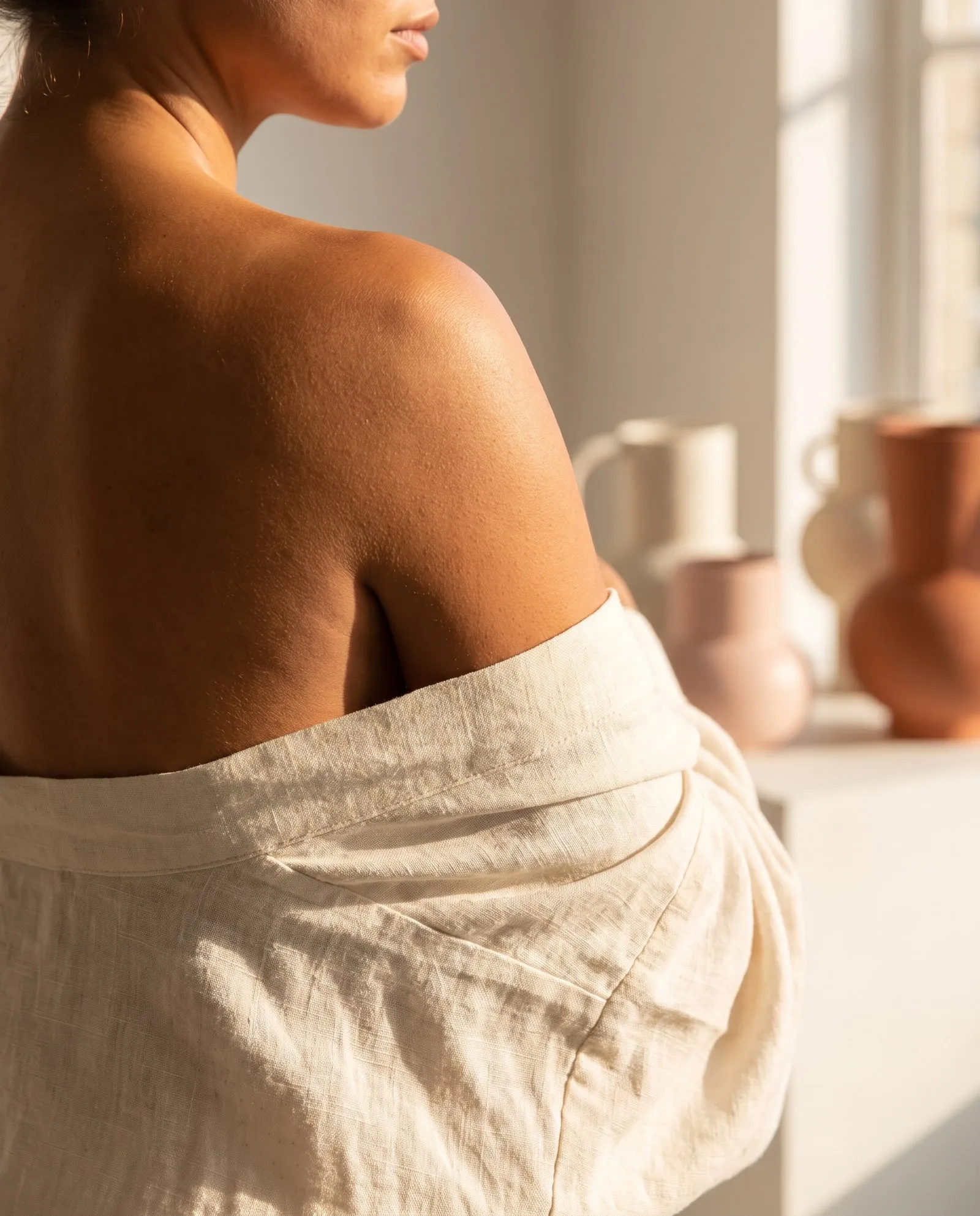 Sun-kissed shoulder after a custom spray tan